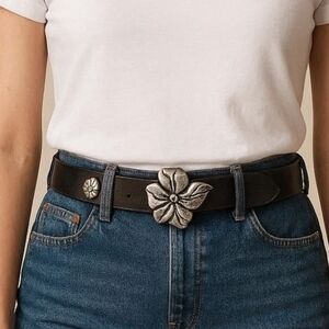 38.25 Inch Women's Leather Vintage Belt with Floral Pewter Buckle Handmade 1970s